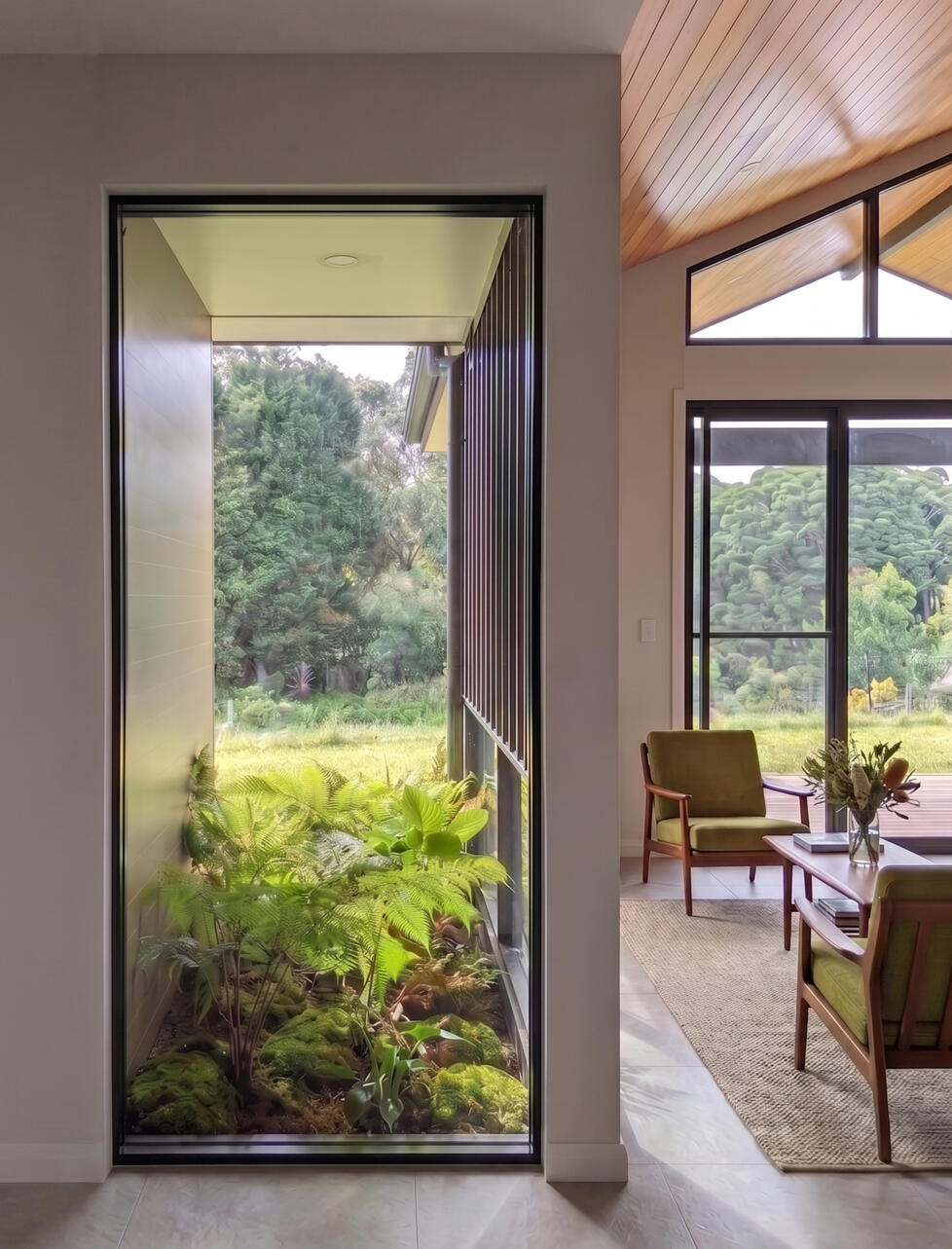 Living space light and framed outlook Studio Violett Mt Tamborine project interior living space viewing adjacent courtyard to facilitate natural light and framed distant views
