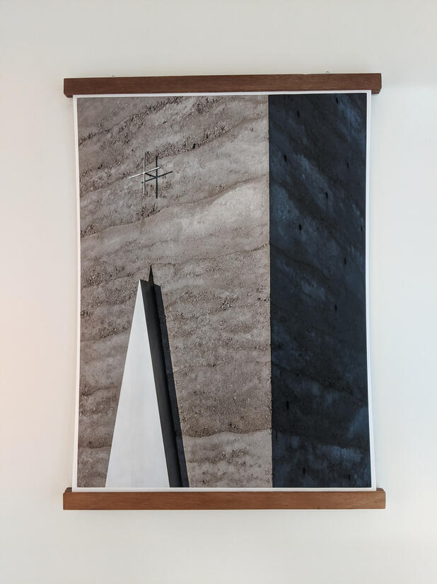 Bruder Klaus Chapel Entrance Detail by Peter Zumthor Studio Violett photograph study of the triangular door detail and textured rammed concrete threshold at Peter Zumthor's Bruder Klaus Field Chapel