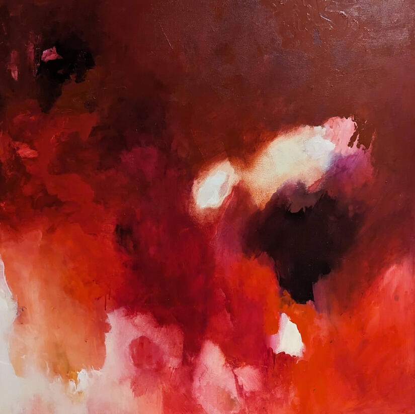 Jenna Daley Red Painting Studio Violett original art selection featuring a rich red abstract painting by Jenna Daley