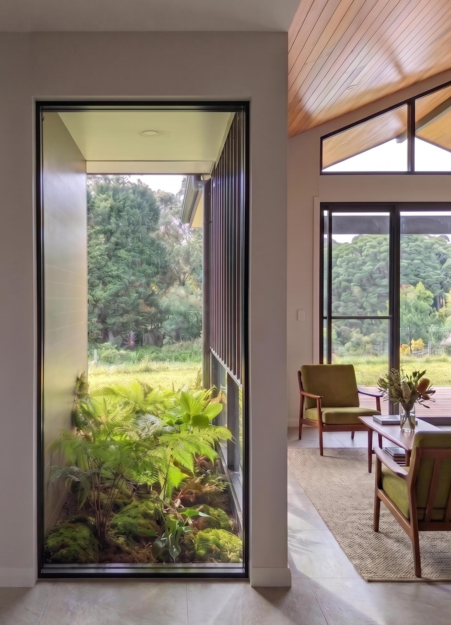 Living space light and framed outlook Studio Violett Mt Tamborine project interior living space highlighting natural light, subtle shadows, curated furniture, and framed distant views