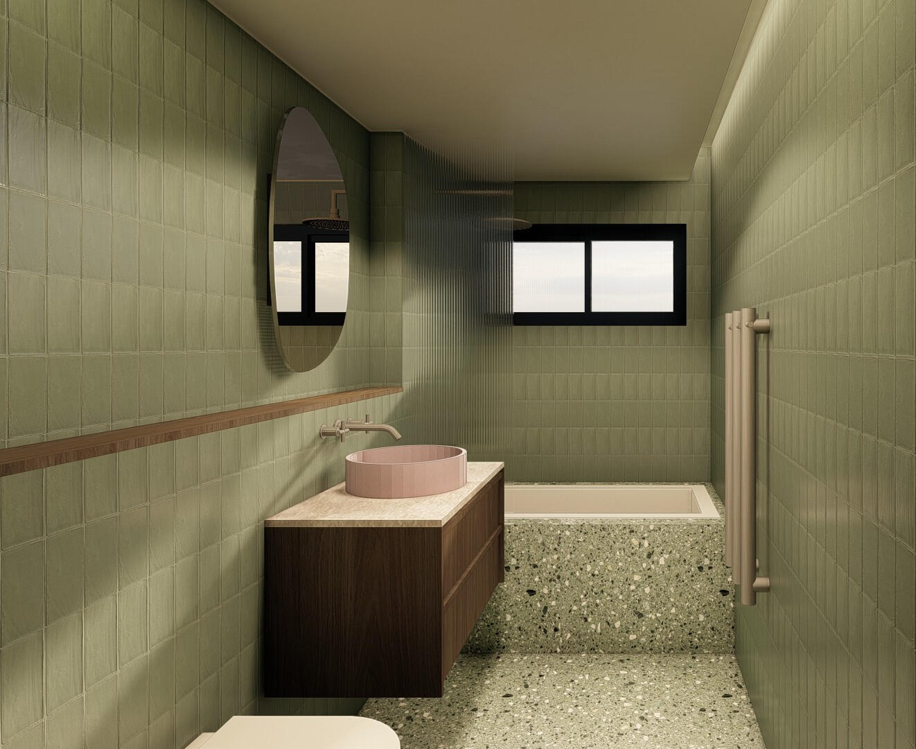 Green Tiled Ensuite with Custom Timber Vanity and Terrazzo Studio Violett bathroom design featuring green tiles, a floating timber vanity with a pink basin, and terrazzo flooring