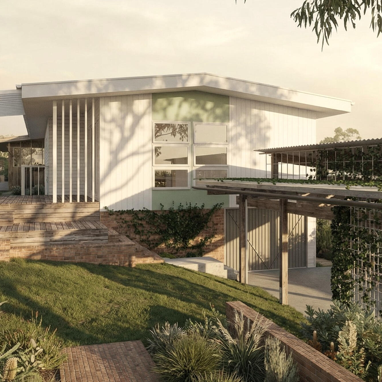 Oxley Farmhouse Proposed Front Facade Studio Violett Oxley Farmhouse proposed modern cottage renovation featuring climate responsive screening, open verandah form, and integrated garden setting