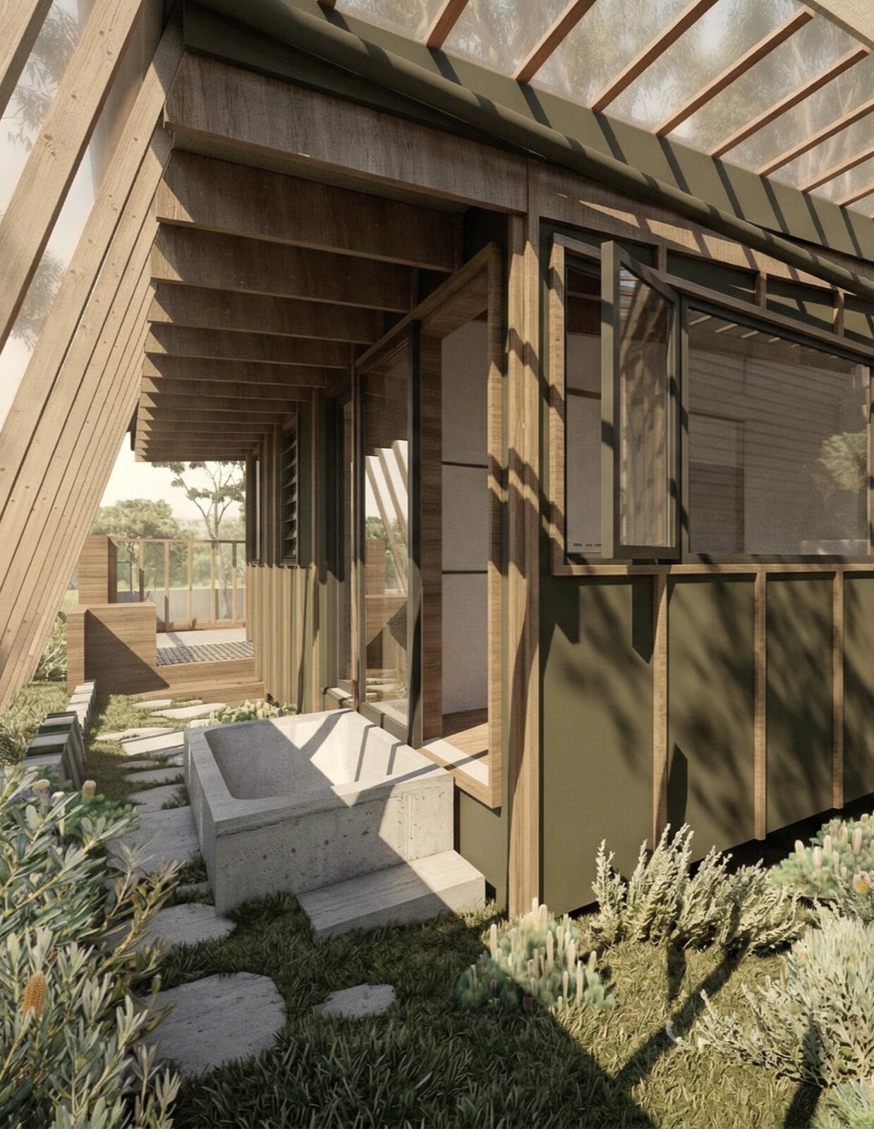 Oxley Farmhouse Outdoor Bath and Pergola Detail Studio Violett Oxley Farmhouse outdoor concrete bath nestled into landscaped garden beneath exposed timber rafters and timber cladding