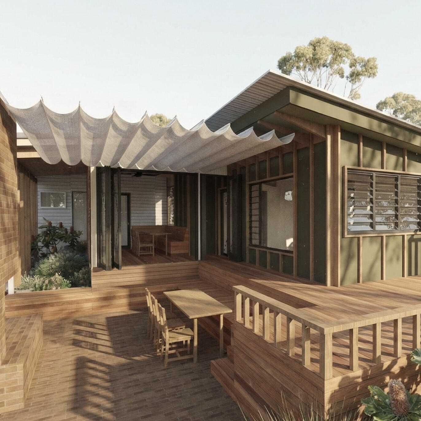 Oxley Farmhouse Proposed Rear Deck and Outdoor Living Studio Violett Oxley Farmhouse proposed rear timber deck featuring retractable fabric awning, outdoor dining area, and board-and-batten cladding
