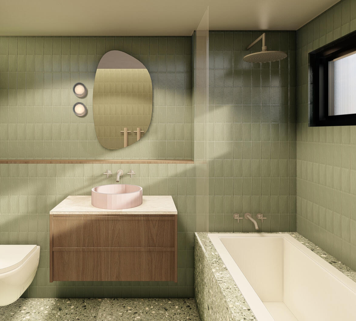 Custom Timber Vanity with Blush Basin and Organic Mirror Studio Violett wide angle bathroom interior showing the spatial relationship between the timber vanity, terrazzo-clad bathtub, and overhead shower