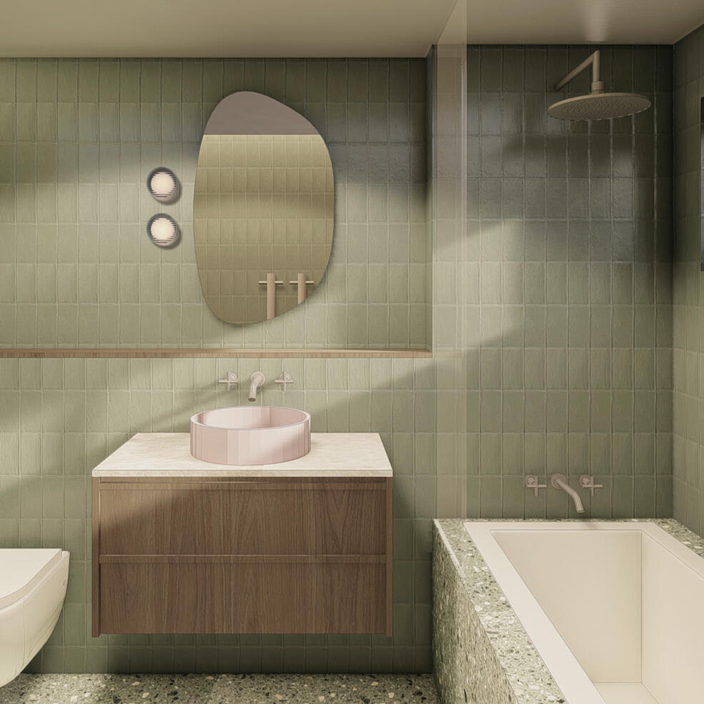 Rich bathroom renovation Studio Violett Paddington renovation contemporary bathroom design with tactile finishes, custom vanity, and ambient lighting