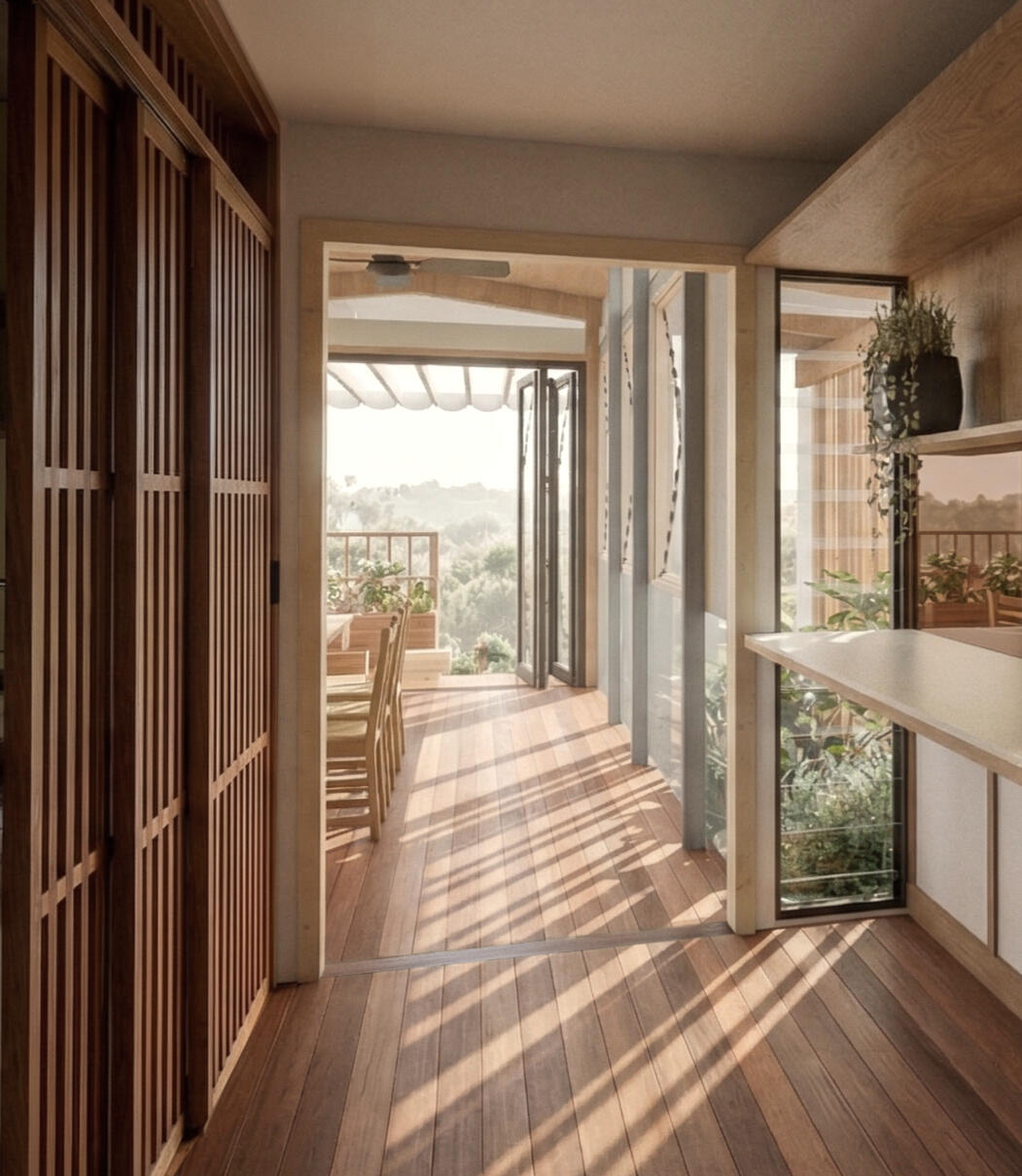 Oxley Farmhouse Internal Corridor and Verandah View Studio Violett Oxley Farmhouse interior corridor view featuring slatted timber sliding screens, natural light, and framed outdoor outlook
