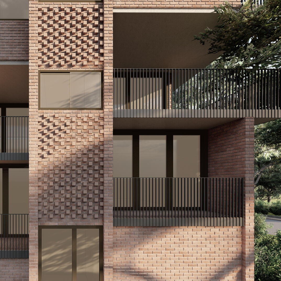 Detail of exterior facade renovation Studio Violett Paddington renovation featuring close up of facade highlighting updated textured facade detailing, refined balustrade design, and dynamic natural light
