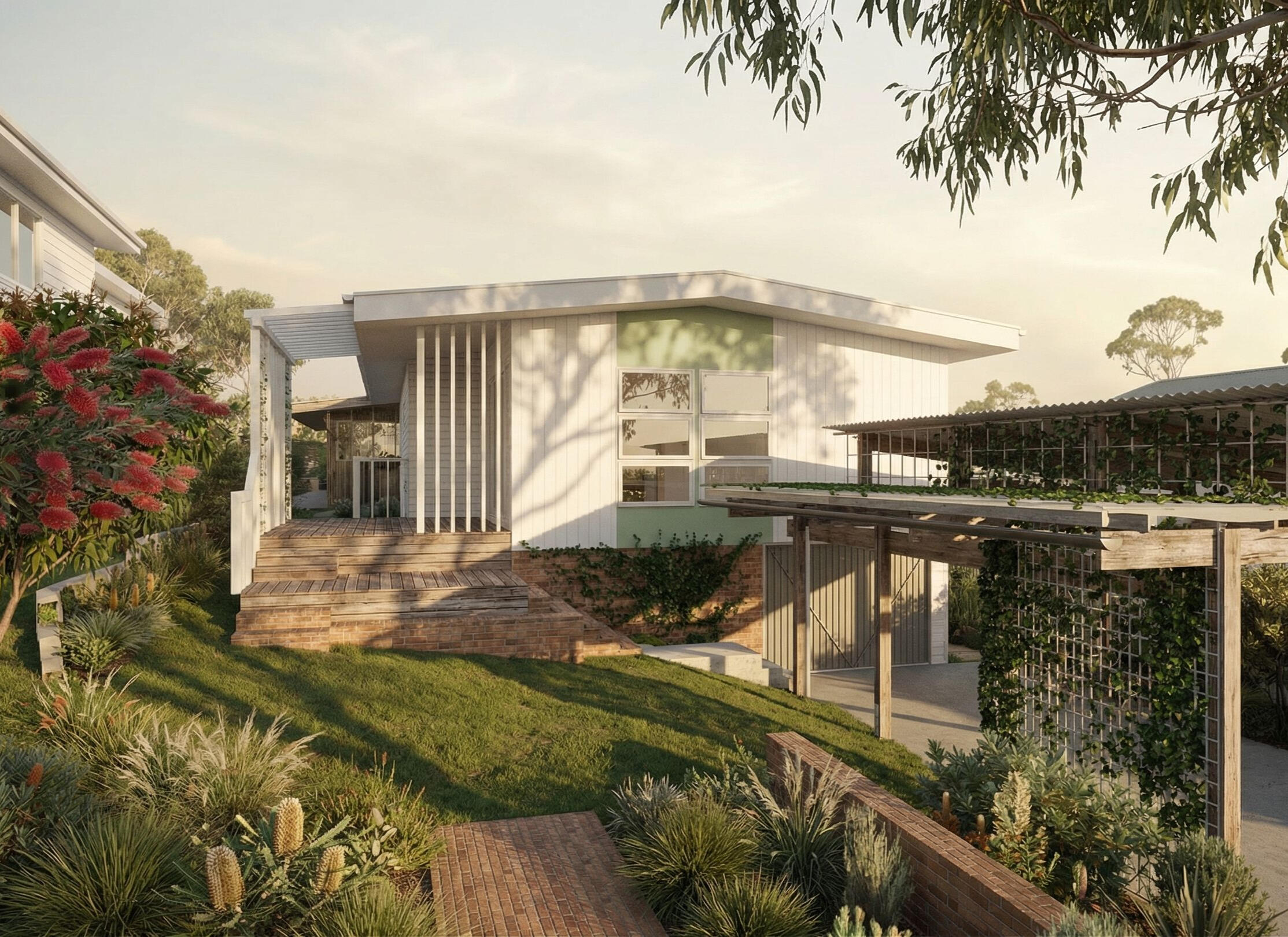 Oxley Farmhouse proposed cottage front facade Studio Violett Oxley Farmhouse proposed modern cottage renovation featuring climate responsive screening, open verandah form, and integrated garden setting